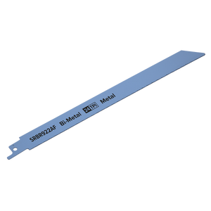 A straight, blue bi-metal reciprocating saw blade from Sealey, labeled "SRBR922AF Bi-Metal 24TPI Metal," ideal for cutting thin sheet metals and featuring a single hole at one end for attachment to reciprocating saws. Comes in a pack of five with each blade measuring 230mm in length.