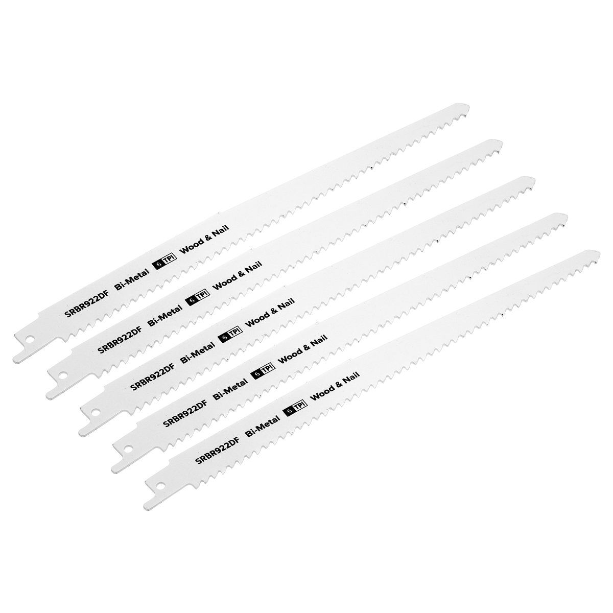 A pack of five Sealey Reciprocating Saw Blades, labeled "SRBR922DF," designed for cutting through wood and bi-metal with nails, each blade measuring 230mm and featuring a 6 tpi configuration.