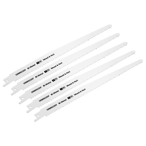 A pack of five Sealey Reciprocating Saw Blades, labeled "SRBR922DF," designed for cutting through wood and bi-metal with nails, each blade measuring 230mm and featuring a 6 tpi configuration.