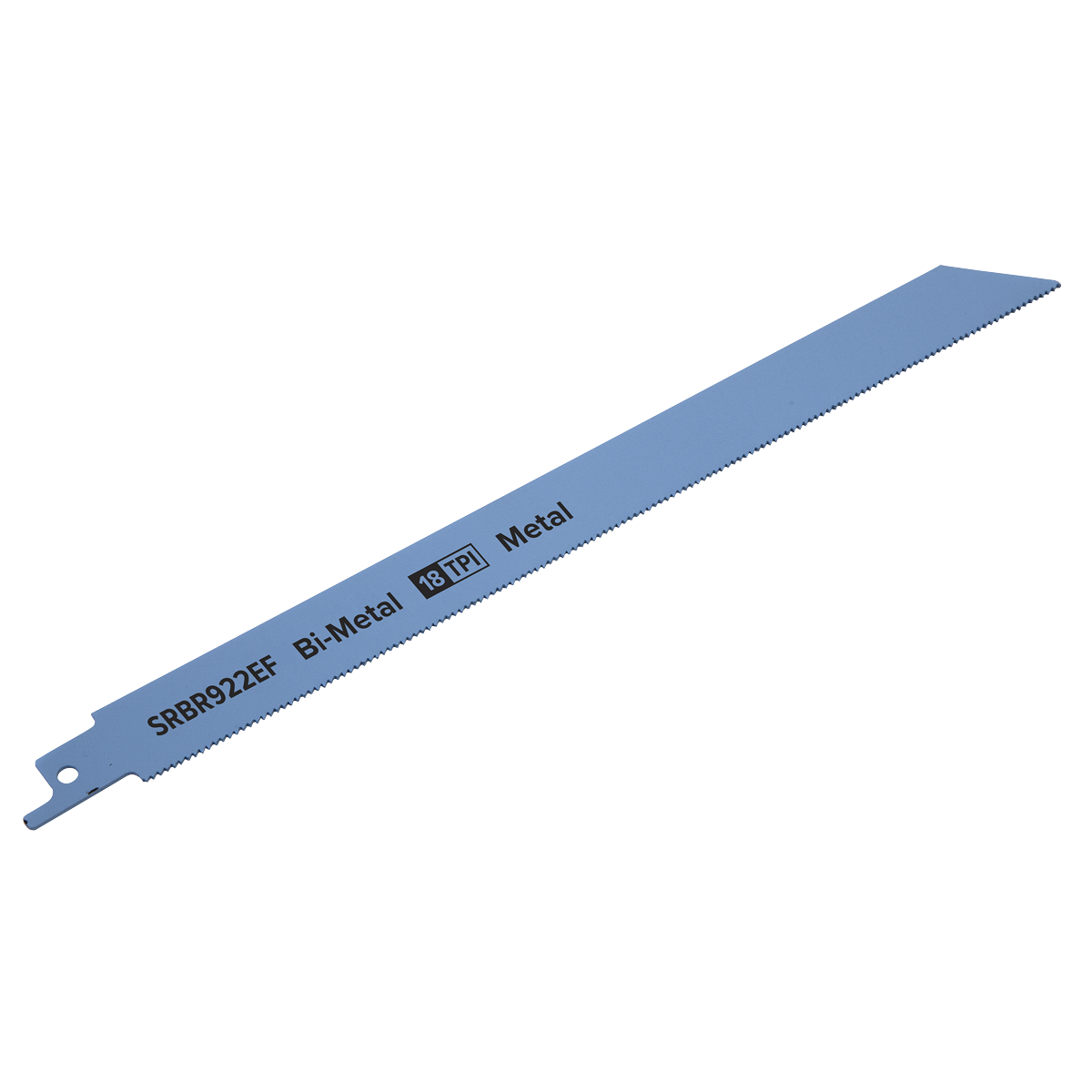 The Reciprocating Saw Blade Metal 230mm 18tpi - Pack of 5, model SRBR922EF by Sealey, is designed in blue and specialized for cutting pipes and sheet metals.