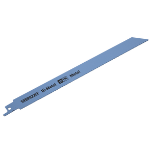 The Reciprocating Saw Blade Metal 230mm 18tpi - Pack of 5, model SRBR922EF by Sealey, is designed in blue and specialized for cutting pipes and sheet metals.