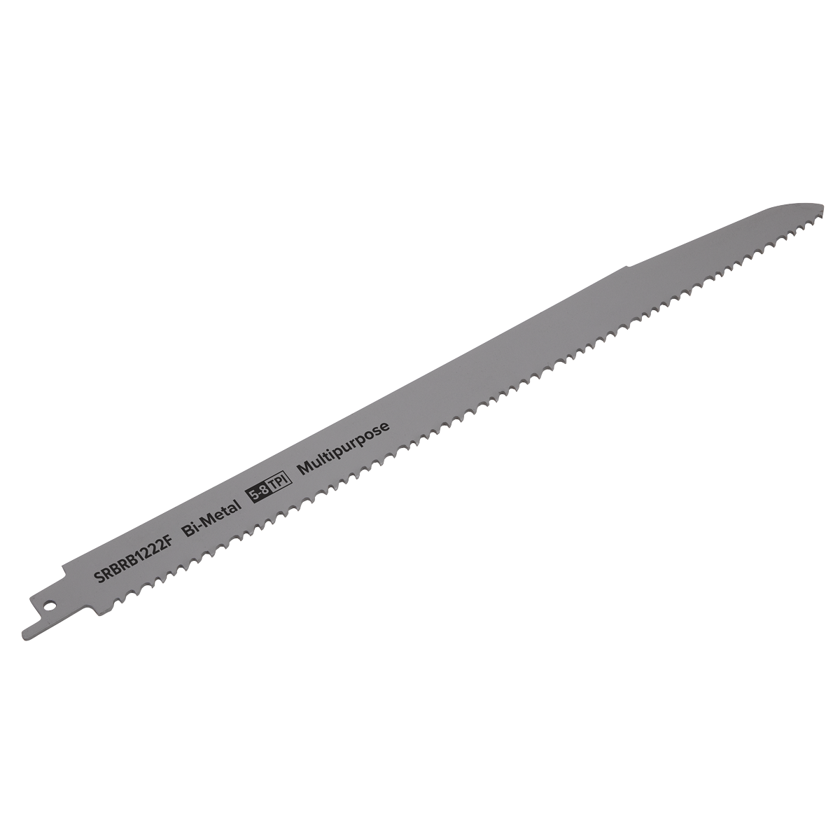 Sealey's Reciprocating Saw Blade Multipurpose 300mm 5-8tpi - Pack of 5 (SRBRB1222F) is a rectangular, metallic blade designed for demolition work. It features a toothed edge and is labeled "Bi-Metal" and "Multipurpose." The blade has a pointed tip on one end and an attachment slot on the other.