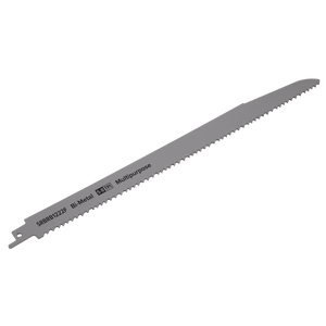 Sealey's Reciprocating Saw Blade Multipurpose 300mm 5-8tpi - Pack of 5 (SRBRB1222F) is a rectangular, metallic blade designed for demolition work. It features a toothed edge and is labeled "Bi-Metal" and "Multipurpose." The blade has a pointed tip on one end and an attachment slot on the other.