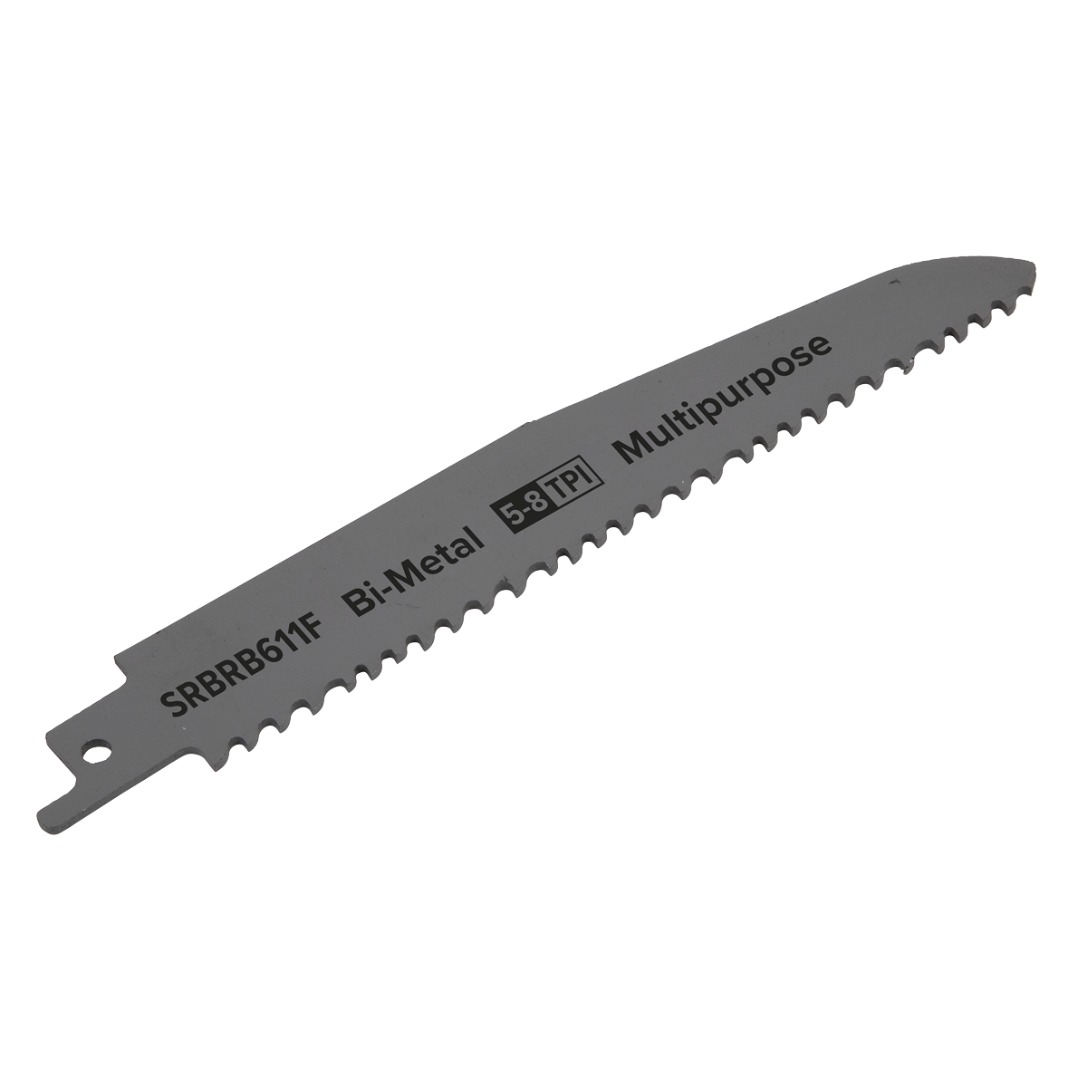 A multipurpose Reciprocating Saw Blade in gray, ideal for demolition work, featuring the "SRBRB611F" model number and a 5-8 TPI specification. This blade from Sealey is perfect for reciprocating saws and comes in a pack of 5.