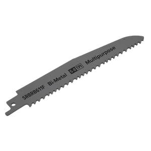 A multipurpose Reciprocating Saw Blade in gray, ideal for demolition work, featuring the "SRBRB611F" model number and a 5-8 TPI specification. This blade from Sealey is perfect for reciprocating saws and comes in a pack of 5.