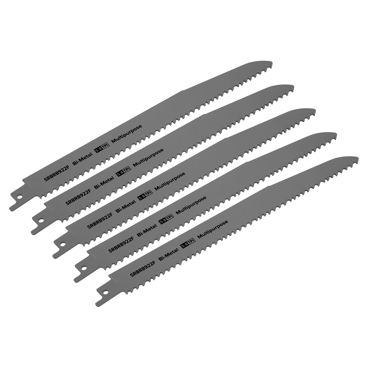 Five Sealey Reciprocating Saw Blade Multipurpose 230mm 5-8tpi - Pack of 5 - SRBRB922F, perfect for demolition work with reciprocating saws, are arranged in a staggered formation.