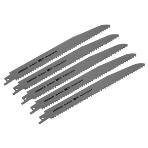 Five Sealey Reciprocating Saw Blade Multipurpose 230mm 5-8tpi - Pack of 5 - SRBRB922F, perfect for demolition work with reciprocating saws, are arranged in a staggered formation.