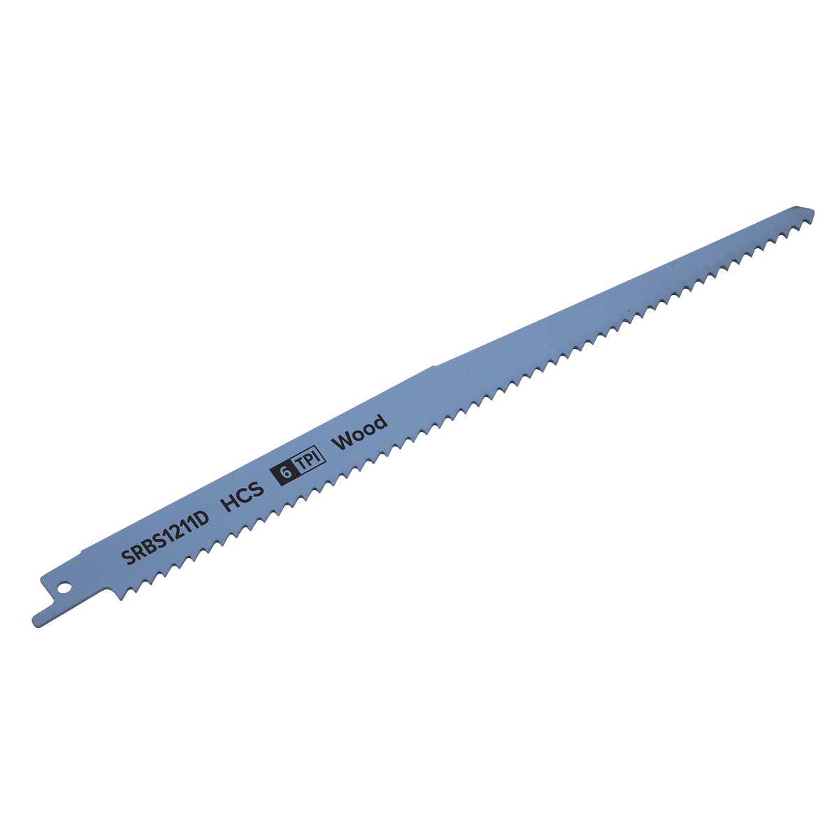 A long HCS blade labeled "SRBS1211D HCS 6 TPI Wood" features evenly spaced teeth along its edge, ideal for wood cutting with reciprocating saws.