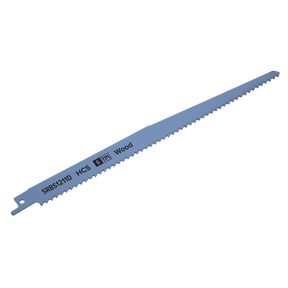 A long HCS blade labeled "SRBS1211D HCS 6 TPI Wood" features evenly spaced teeth along its edge, ideal for wood cutting with reciprocating saws.