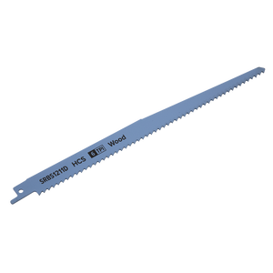 A long HCS blade labeled "SRBS1211D HCS 6 TPI Wood" features evenly spaced teeth along its edge, ideal for wood cutting with reciprocating saws.