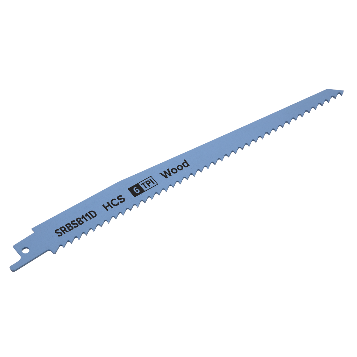 A close-up of a Sealey reciprocating saw blade labeled "SRBS811D HCS 6 TPI Wood," specifically designed for precision cutting through wood. This particular blade is from the Reciprocating Saw Blade Clean Wood 200mm 6tpi - Pack of 5 collection.