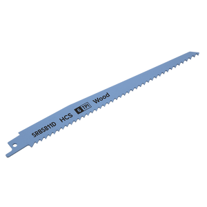 A close-up of a Sealey reciprocating saw blade labeled "SRBS811D HCS 6 TPI Wood," specifically designed for precision cutting through wood. This particular blade is from the Reciprocating Saw Blade Clean Wood 200mm 6tpi - Pack of 5 collection.