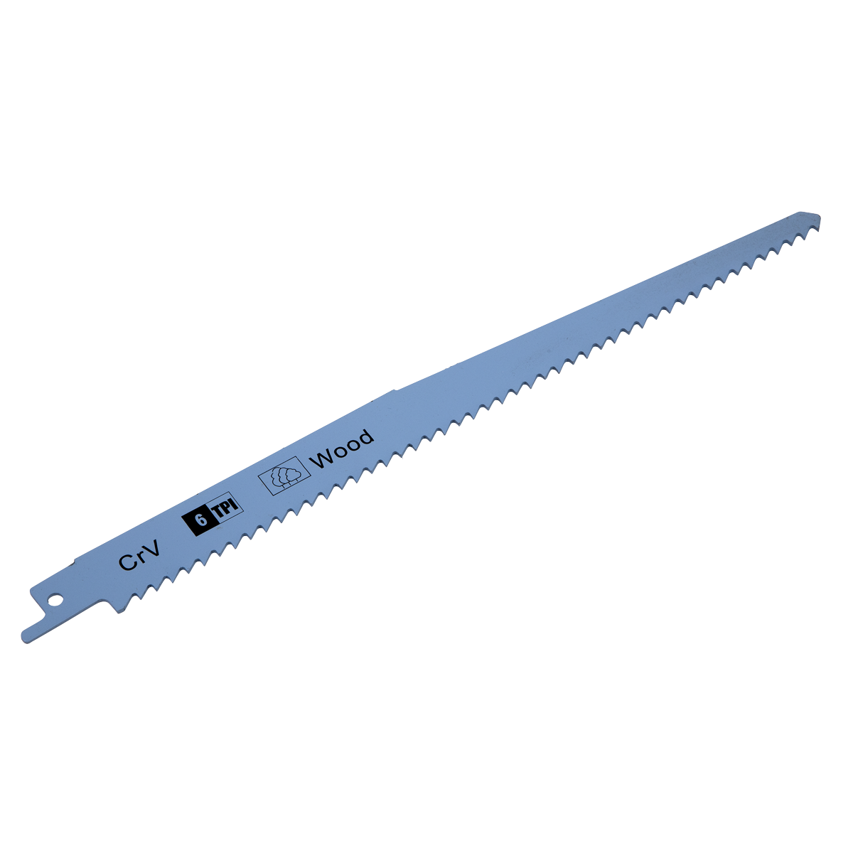 A silver reciprocating saw blade from Sealey, labeled "Clean Wood" and "6 TPI," with jagged teeth along one edge, ideal for cutting wood. This product is available as a pack of 5 with the model number SRBS911D.