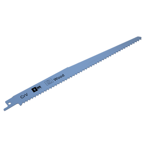 A silver reciprocating saw blade from Sealey, labeled "Clean Wood" and "6 TPI," with jagged teeth along one edge, ideal for cutting wood. This product is available as a pack of 5 with the model number SRBS911D.