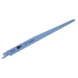 A silver reciprocating saw blade from Sealey, labeled "Clean Wood" and "6 TPI," with jagged teeth along one edge, ideal for cutting wood. This product is available as a pack of 5 with the model number SRBS911D.