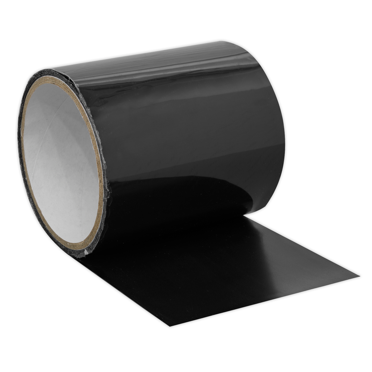 A roll of Sealey Seal & Repair Tape 1.5m x 100mm - SRT150, in black, partially unrolled on a white background.