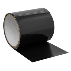 A roll of Sealey Seal & Repair Tape 1.5m x 100mm - SRT150, in black, partially unrolled on a white background.