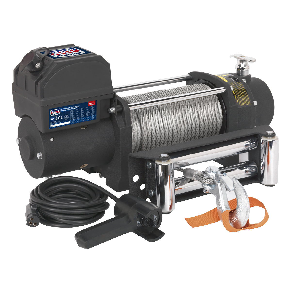 The Sealey Self-Recovery Winch SRW4300, featuring a robust heavy-duty motor, steel cable spool, control box, remote control pendant, and power cord, is designed for off-road pulling and lifting applications with a line pull capacity of 4300kg (9500lb) and operating on a 12V power supply.