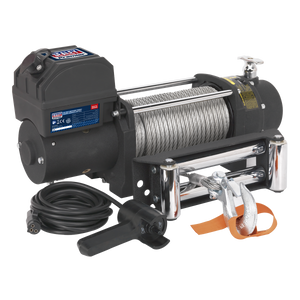 The Sealey Self-Recovery Winch SRW4300, featuring a robust heavy-duty motor, steel cable spool, control box, remote control pendant, and power cord, is designed for off-road pulling and lifting applications with a line pull capacity of 4300kg (9500lb) and operating on a 12V power supply.