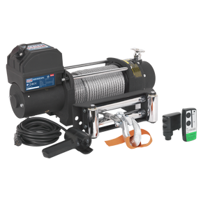 The Self-Recovery Wireless Winch SRW5450 Combo Kit - SRW5450KIT by Sealey features a heavy-duty black electric winch with coiled steel cable, high power, a wireless remote control, power cables, and a hook attached to an orange strap.