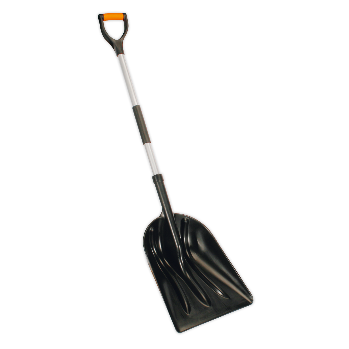 A heavy-duty shovel with a black finish, featuring a grey forged metal shaft and a rectangular handle. Product: General-Purpose Shovel with 900mm Metal Handle - SS01 by Sealey.