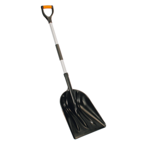 A heavy-duty shovel with a black finish, featuring a grey forged metal shaft and a rectangular handle. Product: General-Purpose Shovel with 900mm Metal Handle - SS01 by Sealey.