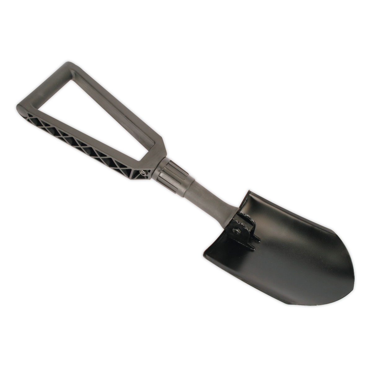 The Sealey Folding Shovel 590mm - SS03 features a black plastic hand shovel with a nylon triangular handle and a rectangular carbon steel head, providing a lightweight and durable design.