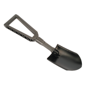 The Sealey Folding Shovel 590mm - SS03 features a black plastic hand shovel with a nylon triangular handle and a rectangular carbon steel head, providing a lightweight and durable design.