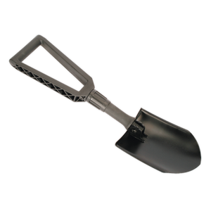 The Sealey Folding Shovel 590mm - SS03 features a black plastic hand shovel with a nylon triangular handle and a rectangular carbon steel head, providing a lightweight and durable design.