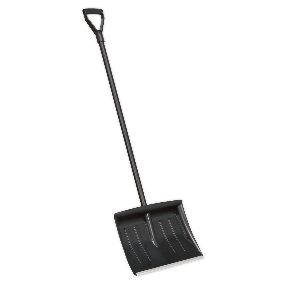 The Sealey Snow Shovel 395mm - SS05 is a lightweight black shovel featuring a plastic blade, a durable forged metal shaft, and a square-shaped handle.