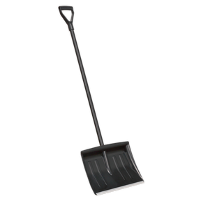 The Sealey Snow Shovel 395mm - SS05 is a lightweight black shovel featuring a plastic blade, a durable forged metal shaft, and a square-shaped handle.