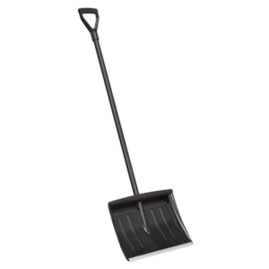 The Sealey Snow Shovel 395mm - SS05 is a lightweight black shovel featuring a plastic blade, a durable forged metal shaft, and a square-shaped handle.