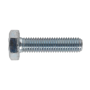 A close-up image of a Sealey HT Setscrew M10 x 40mm 8.8 Zinc (Pack of 25 - SS1040) featuring its shiny, silvery appearance and a rust-free, undamaged threaded shaft, characteristic of high tensile strength bolts.