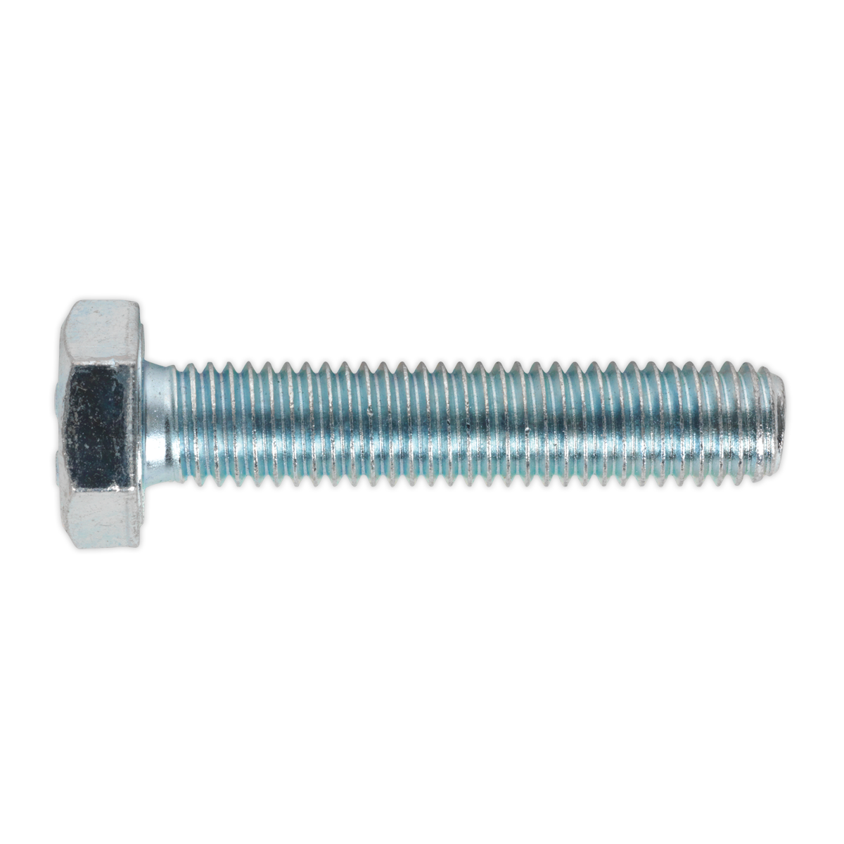 A close-up view of Sealey’s HT Setscrew M10 x 50mm 8.8 Zinc (Pack of 25 - SS1050) fully threaded bolt with a hexagonal head, isolated on a white background. This metal hex bolt, adhering to DIN 933 standards, showcases the precision typical of zinc-plated setscrews.