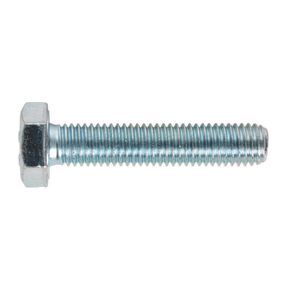 A close-up view of Sealey’s HT Setscrew M10 x 50mm 8.8 Zinc (Pack of 25 - SS1050) fully threaded bolt with a hexagonal head, isolated on a white background. This metal hex bolt, adhering to DIN 933 standards, showcases the precision typical of zinc-plated setscrews.