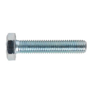 A close-up view of Sealey’s HT Setscrew M10 x 50mm 8.8 Zinc (Pack of 25 - SS1050) fully threaded bolt with a hexagonal head, isolated on a white background. This metal hex bolt, adhering to DIN 933 standards, showcases the precision typical of zinc-plated setscrews.