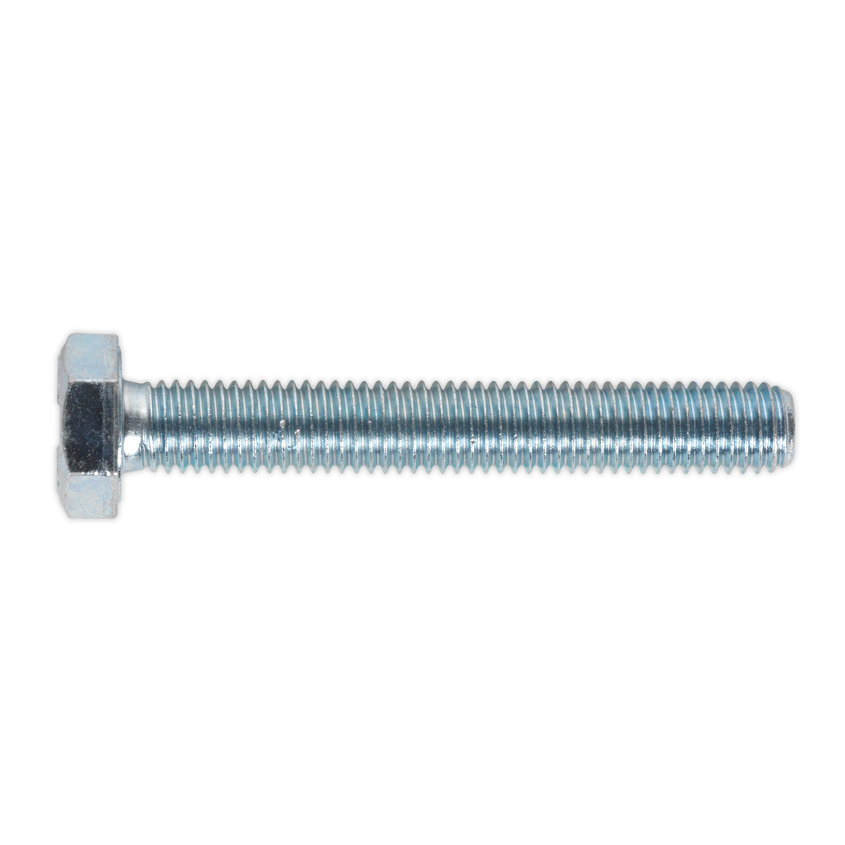 Image of a Sealey HT Setscrew M10 x 70mm 8.8 Zinc Pack of 25 - SS1070, featuring a fully threaded shaft and made from high tensile strength steel, shown against a white background.