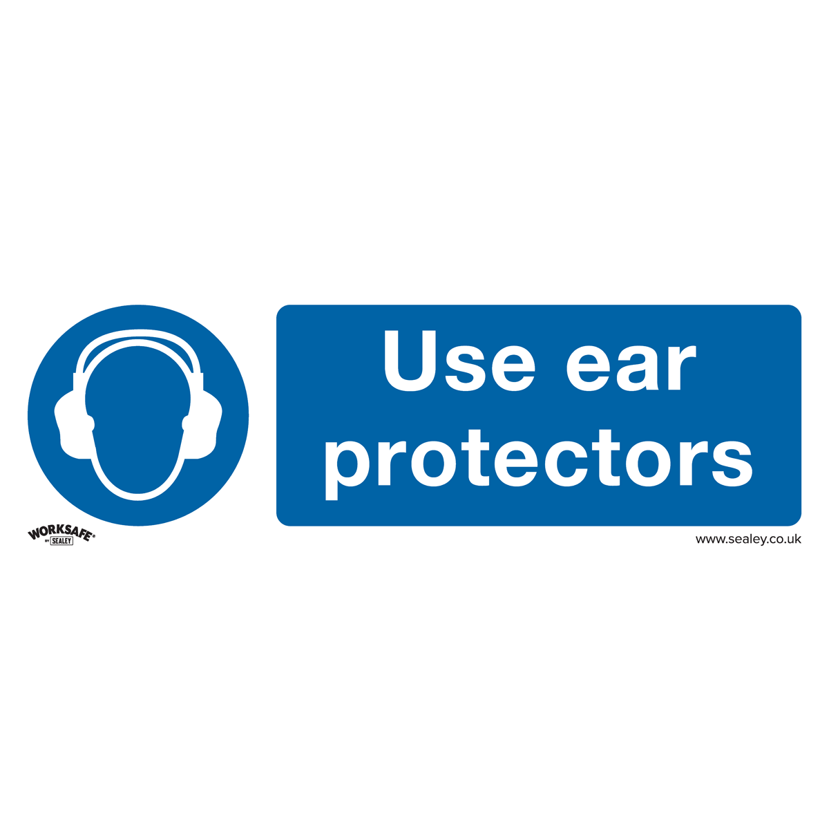 The Sealey Mandatory Safety Sign - Use Ear Protectors (SS10P1) is a blue and white rigid plastic sign featuring an icon of a person wearing ear protection and the text "Use ear protectors," making it ideal for office or commercial environments.