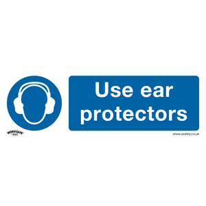 The Sealey Mandatory Safety Sign - Use Ear Protectors (SS10P1) is a blue and white rigid plastic sign featuring an icon of a person wearing ear protection and the text "Use ear protectors," making it ideal for office or commercial environments.