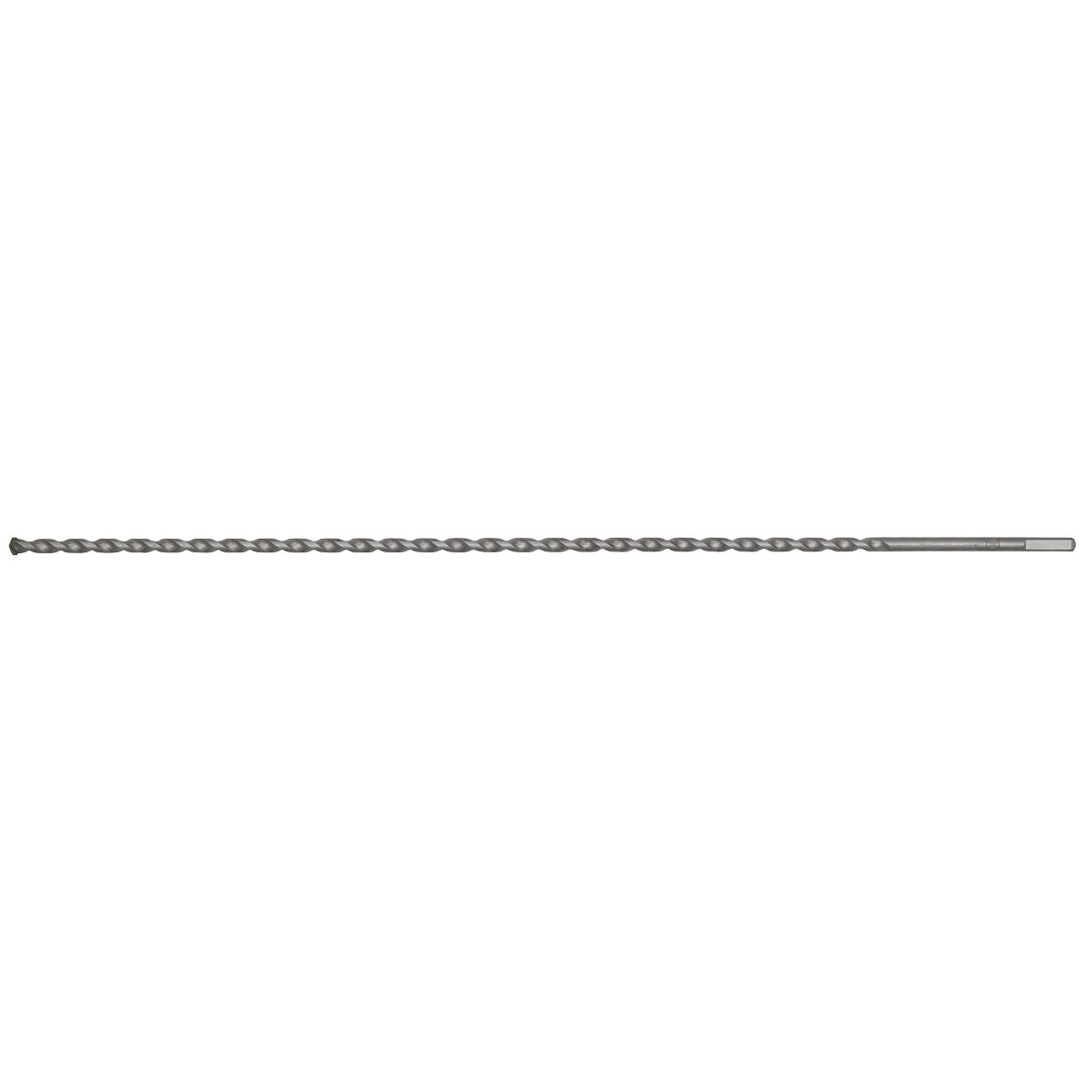 A long, gray, twisted Straight Shank Rotary Impact Drill Bit Ø10 x 600mm - SS10X600 from Sealey, designed for general-purpose drilling. It features a narrow, smooth shaft on one end and a cutting tip on the other, making it perfect for use with a 1/2" chuck.