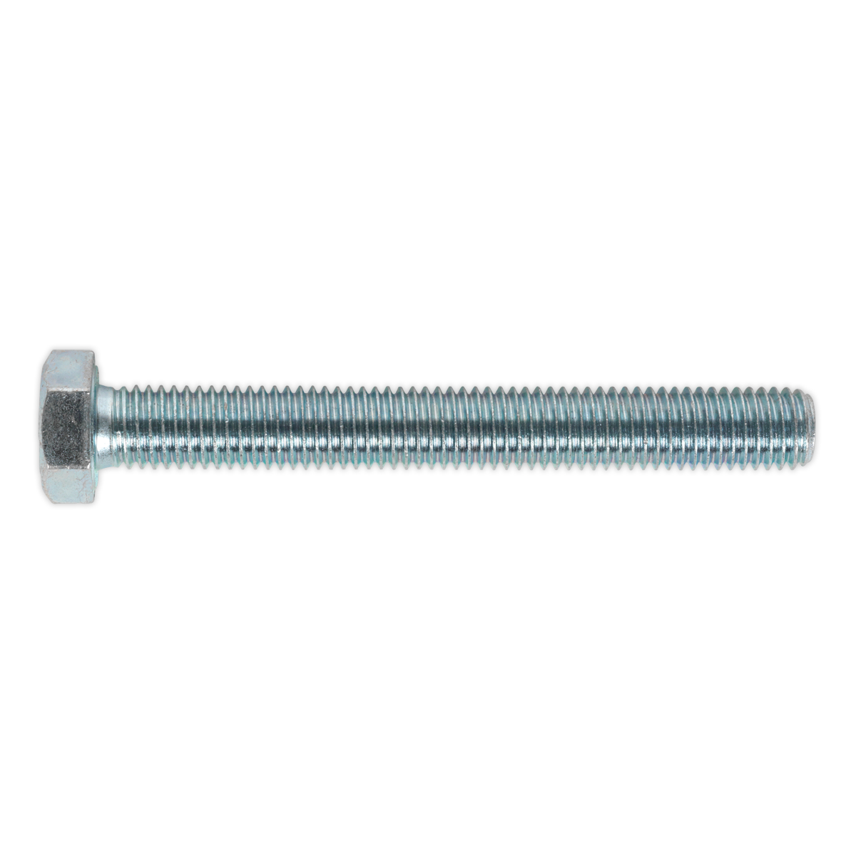 A close-up view of a Sealey HT Setscrew M12 x 100mm 8.8 Zinc Pack of 10 (SS12100) with a threaded shaft on a white background.