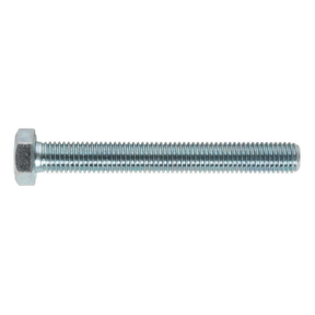 A close-up view of a Sealey HT Setscrew M12 x 100mm 8.8 Zinc Pack of 10 (SS12100) with a threaded shaft on a white background.