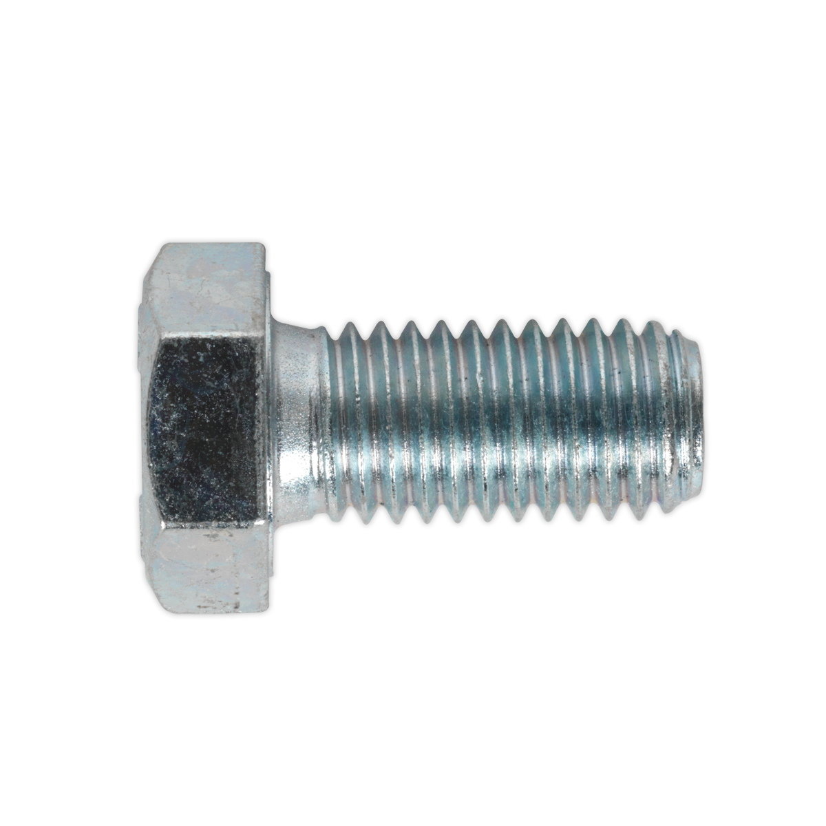 A Sealey HT Setscrew M12 x 25mm 8.8 Zinc bolt with a metallic finish, featuring threads along its shaft; crafted from high tensile steel and isolated on a white background.