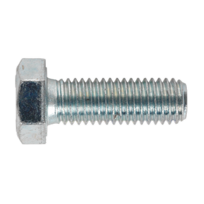 A side view of the Sealey HT Setscrew M12 x 35mm 8.8 Zinc Pack of 25 (SS1235), highlighting its impressive high tensile strength and hexagonal head, fully threaded and zinc-plated.