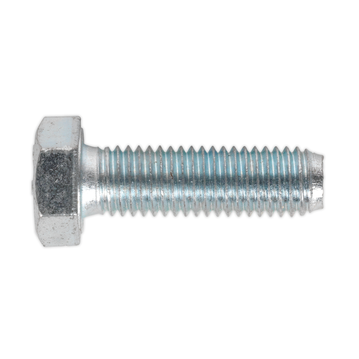 A close-up image of the Sealey HT Setscrew M12 x 40mm 8.8 Zinc from Pack SS1240, featuring a fully threaded shaft and hexagonal head, showcasing its high tensile strength steel with a metallic finish.