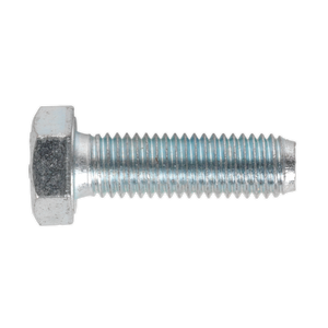 A close-up image of the Sealey HT Setscrew M12 x 40mm 8.8 Zinc from Pack SS1240, featuring a fully threaded shaft and hexagonal head, showcasing its high tensile strength steel with a metallic finish.