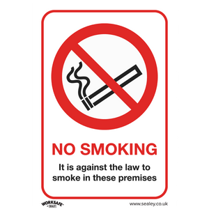 The "Prohibition Safety Sign - No Smoking (On Premises)" by Sealey, made from rigid plastic and featuring a crossed-out cigarette icon, indicates that smoking is prohibited by law on the premises—making it ideal for office use and other commercial environments. Model: SS12P1.