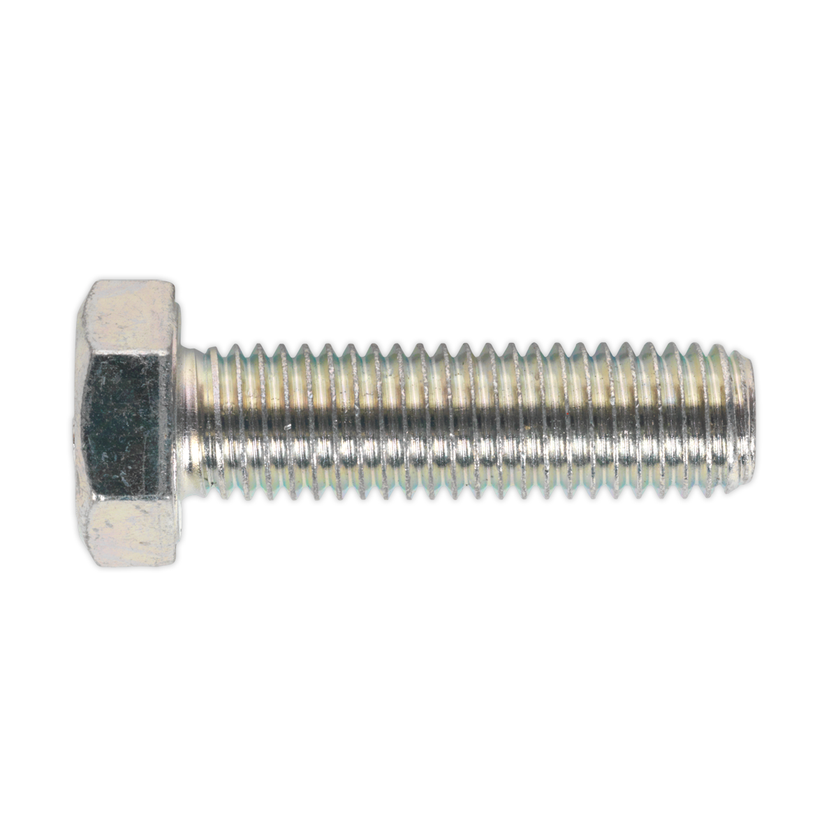 The Sealey HT Setscrew M14 x 50mm 8.8 Zinc (Pack of 10, SS1450) with high tensile strength and threading covering most of its length is shown against a white background.