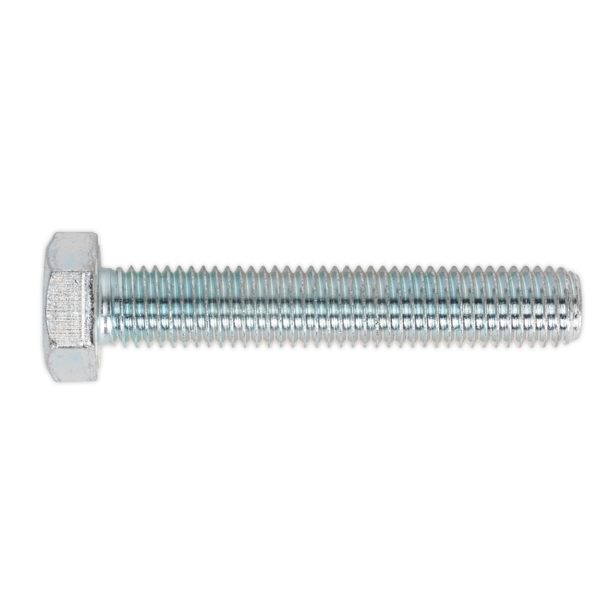 A single HT Setscrew M14 x 80mm 8.8 Zinc from a pack of 10, manufactured by Sealey, featuring a high tensile strength grade 8.8 threaded body, is shown against a white background.