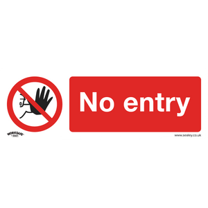 The Sealey Prohibition Safety Sign - No Entry (Rigid Plastic, SS14P1) features a red "No entry" symbol with a hand in a crossed-out circle, indicating restricted access commonly found in commercial or office areas.